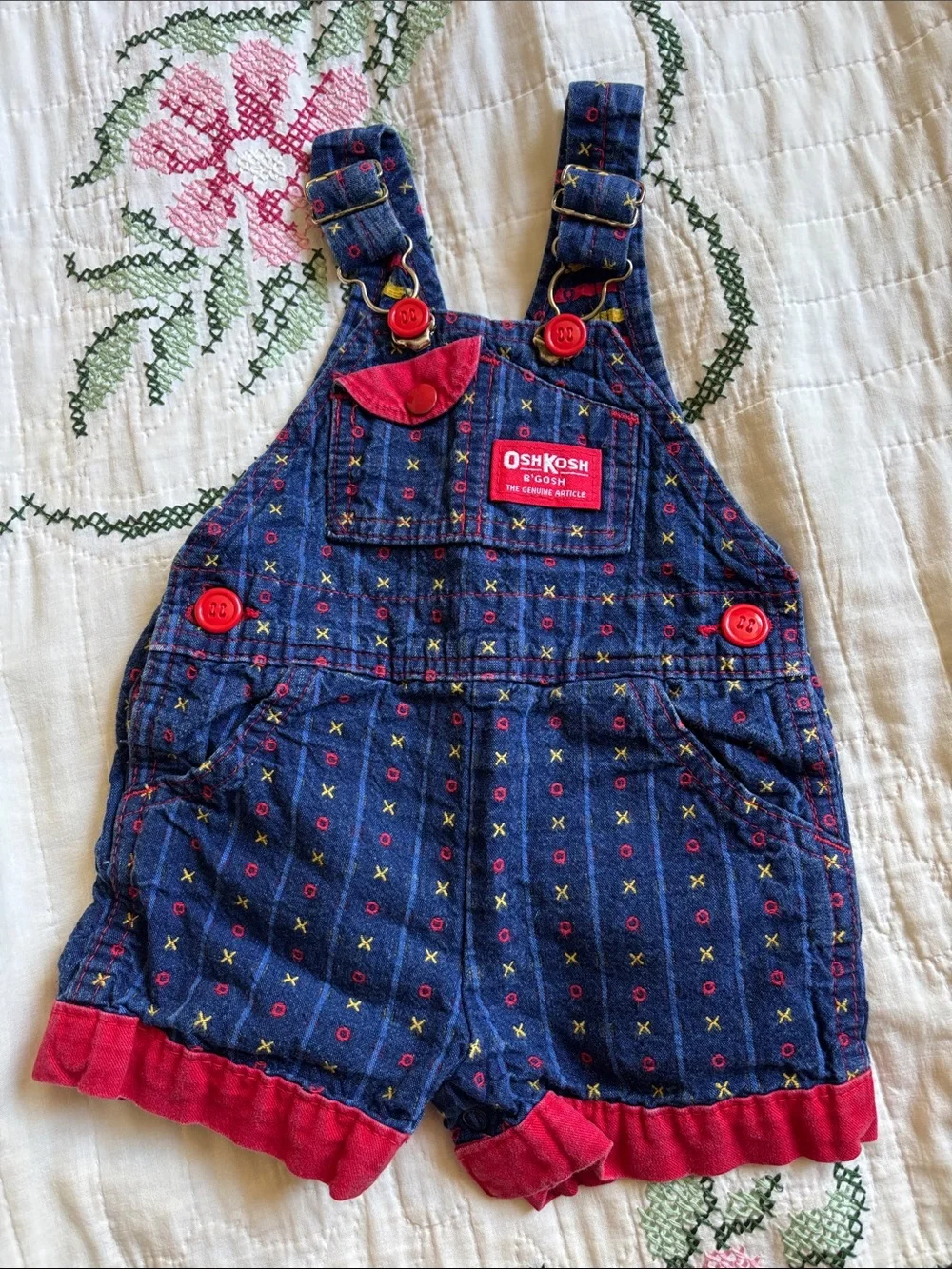 Vintage OshKosh B'gosh Blue Denim-Style Overalls with Red Trim